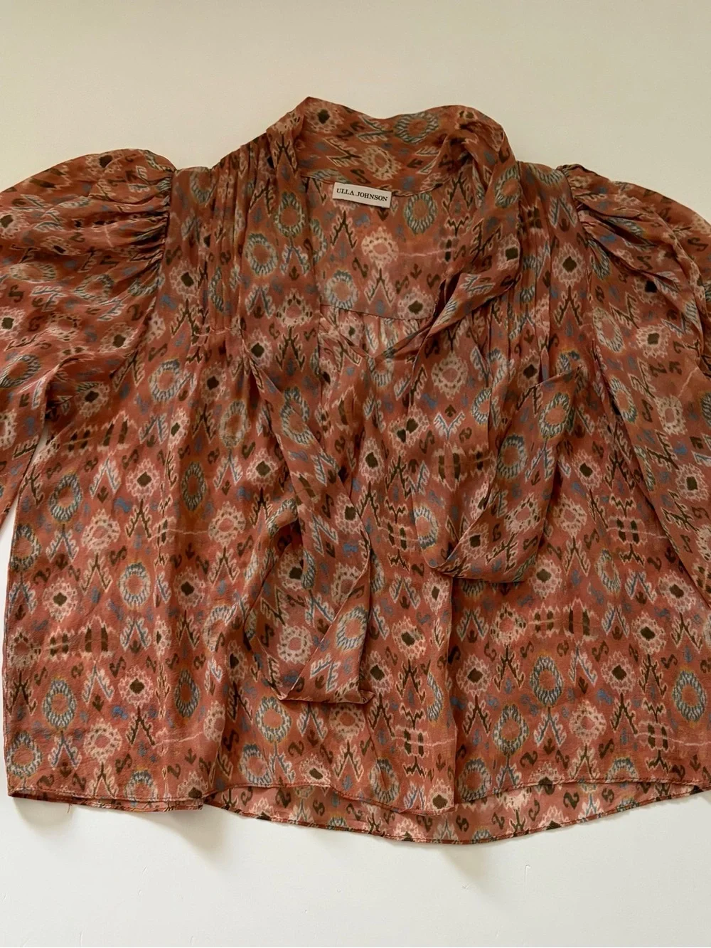 Ulla Johnson Rust Ikat Tie-Neck Blouse with Puff Sleeves
